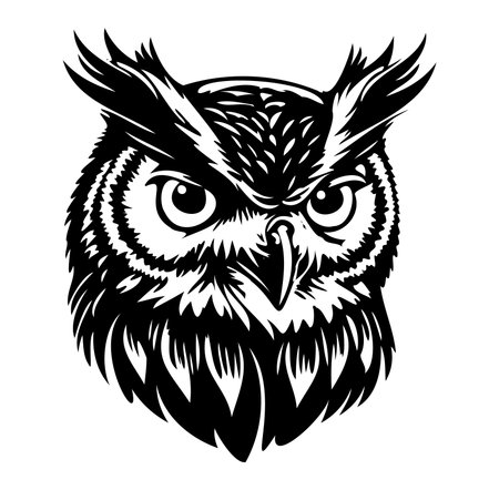 This striking illustration features an owl's head, showcasing its intense eyes and detailed feathers. Perfect for nature-themed designs, wildlife projects, or art.のイラスト素材