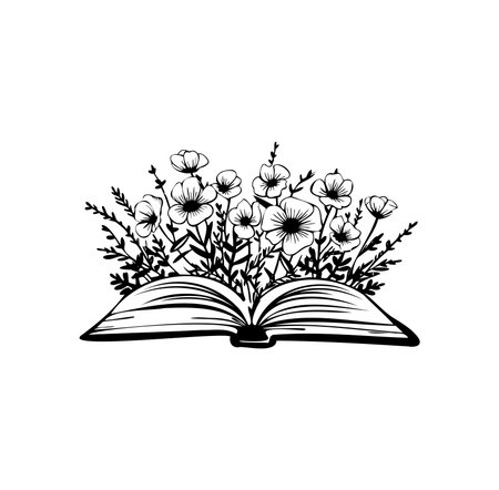 This artistic illustration features an open book adorned with delicate flowers and greenery, symbolizing the beauty of nature and knowledge. Perfect for art and design projects.のイラスト素材