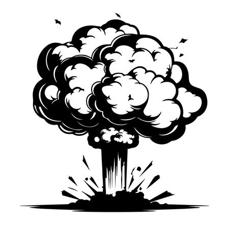 Bold and dynamic illustration of an explosion cloud in black and white. Ideal for representing dramatic events, chaos, and energy in visuals.のイラスト素材