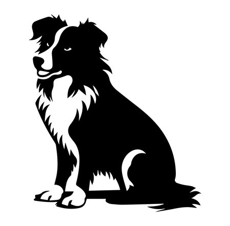 This illustration features a striking black and white silhouette of a sitting dog, showcasing its fluffy coat and friendly demeanor. Ideal for various design projects.のイラスト素材