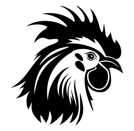 This elegant black rooster silhouette features intricate feather details, showcasing a proud profile. Ideal for agricultural themes and artistic projects.のイラスト素材