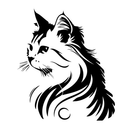 This elegant silhouette of a cat features flowing fur and graceful lines, perfect for illustrating themes of beauty, nature, and creativity in art and design.のイラスト素材