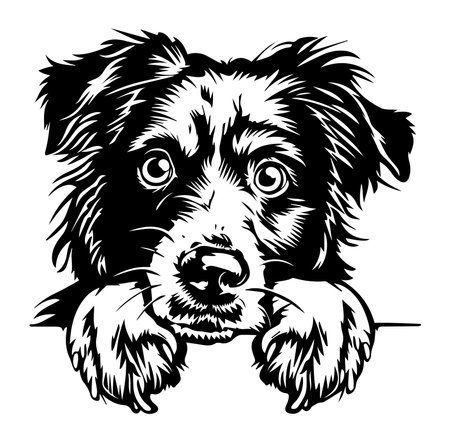 This striking black and white illustration features a curious dog with expressive eyes and detailed fur. Ideal for animal lovers and artistic designs.のイラスト素材
