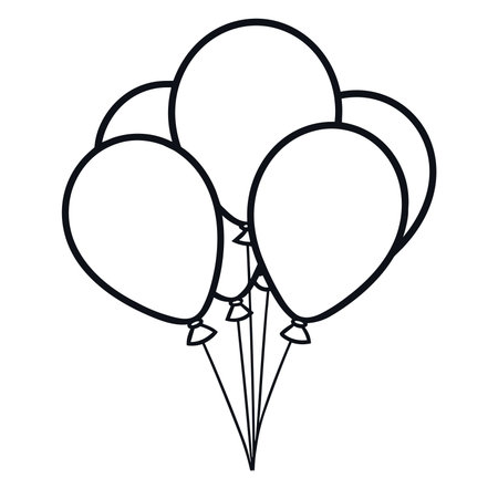A black and white outline illustration of five balloons floating in the air. Perfect for decorative purposes, party themes, and event planning.のイラスト素材