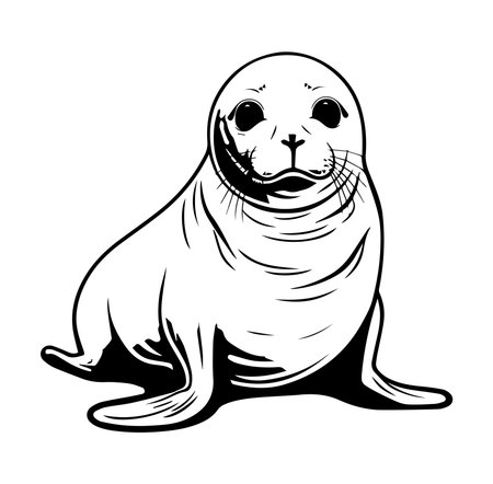 This adorable cartoon seal illustration features a charming design in black and white. Perfect for children's books, merchandise, or wildlife themes.のイラスト素材