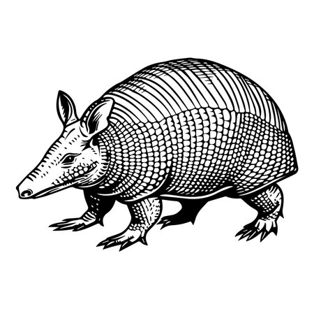 A striking black and white illustration of an armadillo showcasing detailed lines and textures, perfect for wildlife art enthusiasts and educational purposes.のイラスト素材
