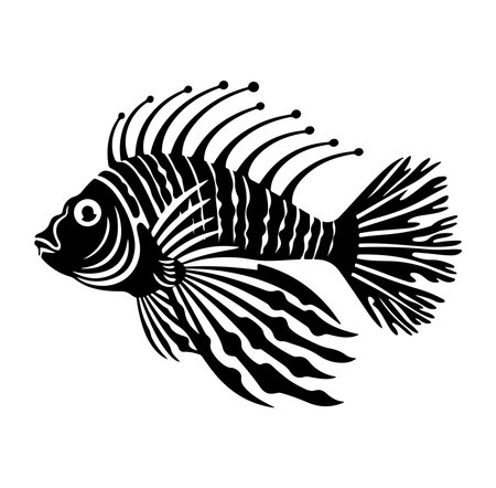This striking black and white illustration features a lionfish, showcasing its flowing fins and intricate patterns. Ideal for aquatic-themed projects.のイラスト素材
