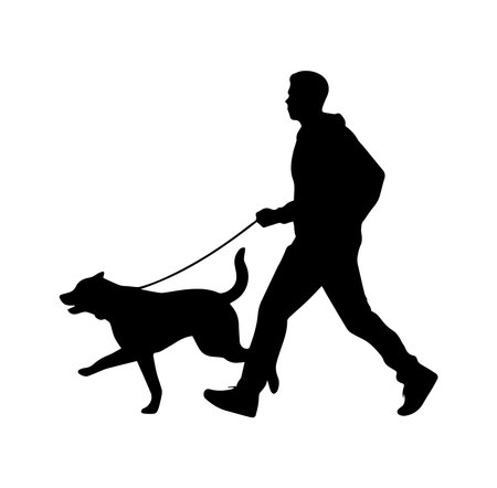 A dynamic silhouette illustration of a person walking a dog, capturing the essence of companionship and outdoor leisure. Perfect for pet-related themes.のイラスト素材