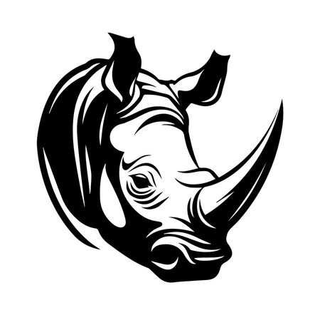 Striking black and white illustration of a rhinoceros head, showcasing strong features and majestic presence. Perfect for wildlife projects or artistic ventures.のイラスト素材