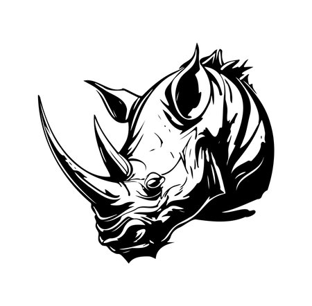 This striking black and white illustration captures the powerful essence of a rhinoceros head, showcasing its strong features and iconic horn, perfect for wildlife art enthusiasts.のイラスト素材