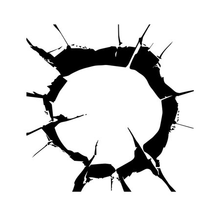 A striking image of a bullet hole in a wall featuring jagged edges against a white background. Ideal for design, art, and conceptual projects.のイラスト素材