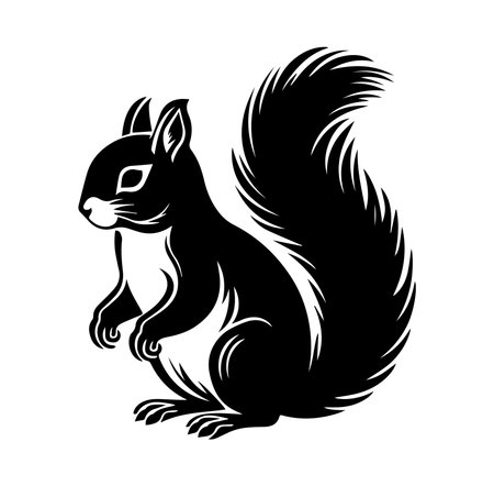 This black and white silhouette of a squirrel captures the grace and playfulness of wildlife. Ideal for nature-themed artwork, prints, and designs.のイラスト素材