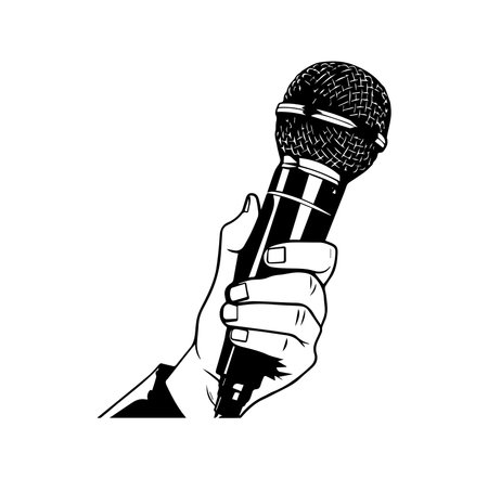 A detailed illustration of a hand gripping a microphone, symbolizing performance and communication. Ideal for projects related to music, speech, and entertainment.のイラスト素材