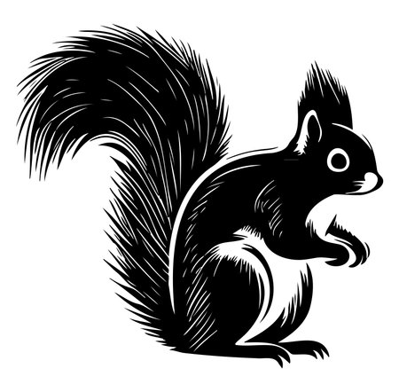 This black silhouette of a squirrel features a fluffy tail and whiskers, showcasing its playful demeanor. Perfect for nature-themed designs or illustrations.のイラスト素材