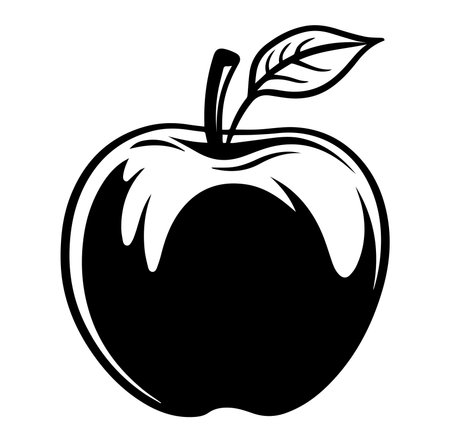 A striking black and white illustration of a glossy apple with a leaf. Perfect for representing health, nature, or freshness in graphic projects and designs.のイラスト素材