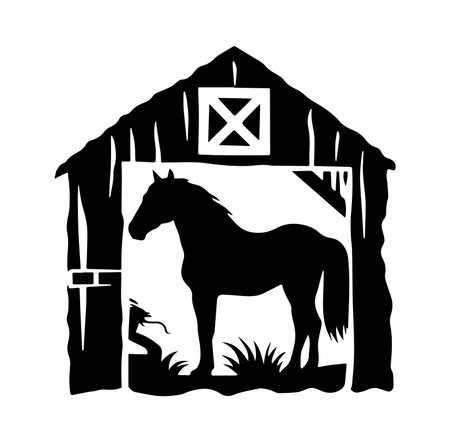 This illustration showcases a horse silhouette inside a rustic barn. The design highlights the natural beauty of equine life, emphasizing simplicity and rural charm.のイラスト素材