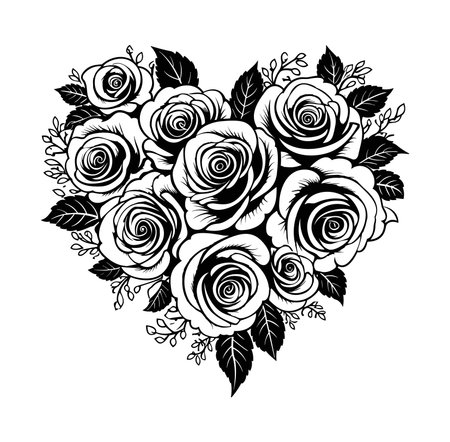 A stunning black and white illustration featuring a heart shape filled with intricate roses and leaves, ideal for romantic themes or artistic designs.のイラスト素材
