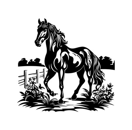 An elegant black horse silhouette stands gracefully among blooming flowers and lush grass, capturing the beauty of nature in a serene outdoor scene.のイラスト素材