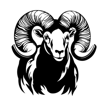 This striking illustration features a bold ram with prominent curved horns, symbolizing strength and resilience in a minimalist black and white design. Perfect for various creative projects.のイラスト素材
