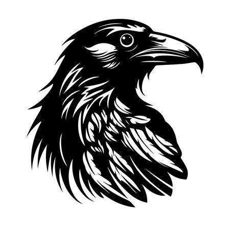 This artistic illustration features a detailed raven head in a striking black design, perfect for creative projects and nature-themed artwork.のイラスト素材