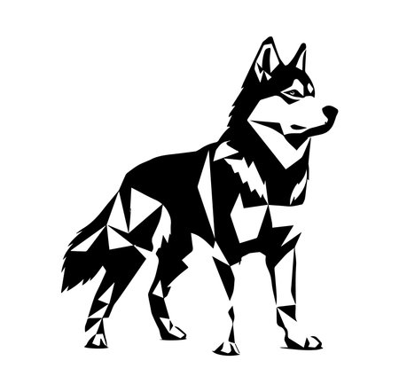 This striking polygonal illustration features a geometric dog design in black and white. Ideal for art lovers and graphic design projects, this artwork adds a modern touch.のイラスト素材