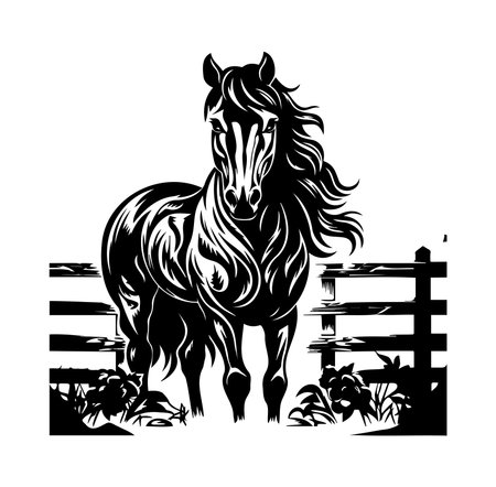 This artistic black silhouette of a horse captures strength and beauty against a rustic fence, symbolizing freedom in a serene natural setting.のイラスト素材
