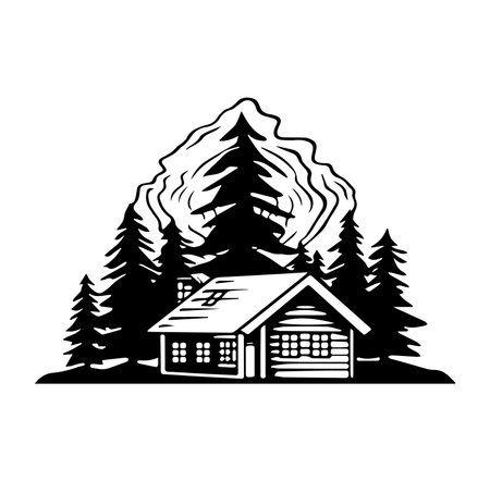 A serene illustration of a cozy cabin nestled among tall pine trees, set against a majestic mountain backdrop, perfect for conveying tranquility and adventure.のイラスト素材