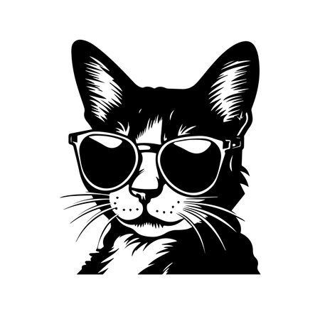 A stylish illustration of a cat wearing sunglasses, showcasing a cool and playful demeanor in a striking black and white design. Perfect for fun pet-themed projects.のイラスト素材