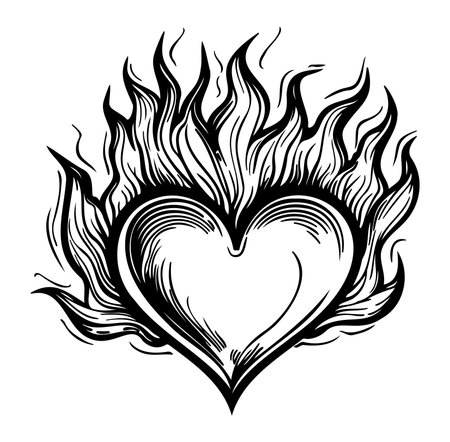 This illustration features a heart engulfed in flames, showcasing passion and intensity. The bold black lines create a striking visual appeal perfect for various creative projects.のイラスト素材