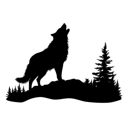 This striking silhouette features a howling wolf against a backdrop of pine trees, embodying the essence of wilderness and freedom in nature.のイラスト素材
