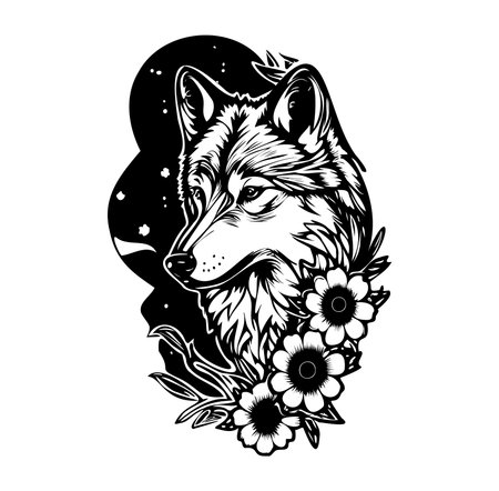 A captivating black and white wolf illustration adorned with elegant floral elements. This design beautifully merges nature and artistry, perfect for various creative projects.のイラスト素材