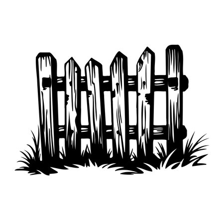 Black and white silhouette of a wooden fence surrounded by grass. Ideal for rustic-themed designs, illustrations, or farm and garden projects.のイラスト素材