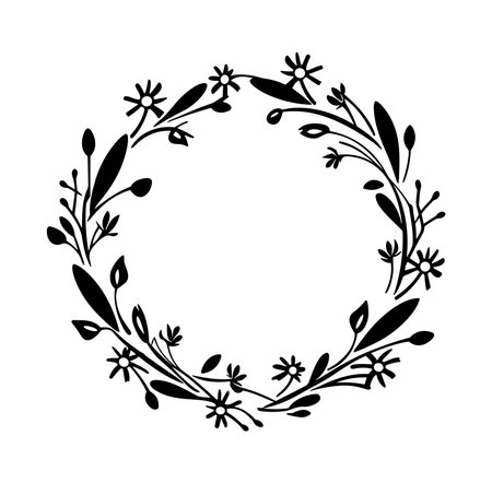 This black floral wreath features an elegant botanical design, perfect for adding a touch of nature to invitations, decor, or branding. Ideal for various projects!のイラスト素材