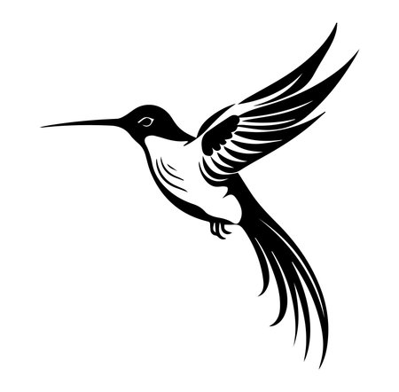 This elegant silhouette illustration of a hummingbird in flight captures the beauty and grace of nature. Perfect for designs related to wildlife, freedom, and creativity.のイラスト素材