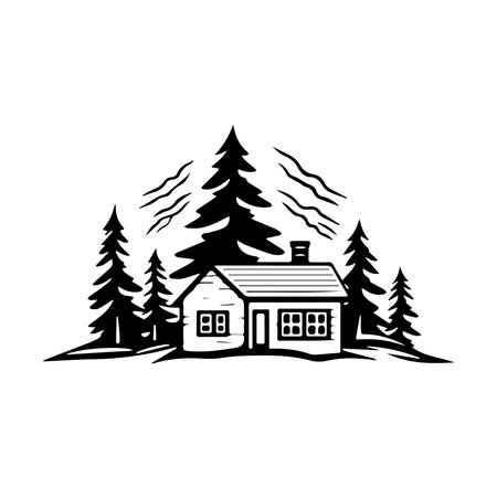 A charming cabin nestled among towering pine trees creates a peaceful scene in nature. Ideal for outdoor enthusiasts, this illustration captures rustic beauty.のイラスト素材