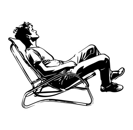 A stylish illustration of a young man sitting in a chair, enjoying leisure time. His calm demeanor captures the essence of relaxation and personal reflection in a cozy setting.のイラスト素材