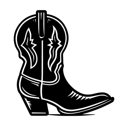 Iconic western cowboy boot illustration in bold black and white. Perfect for conveying classic Americana style, this unique design showcases vintage footwear elegance.のイラスト素材