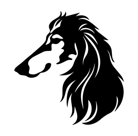 This elegant silhouette features a dog's head with flowing hair, perfect for artistic designs and pet-related projects. Ideal for logos or illustrations.のイラスト素材