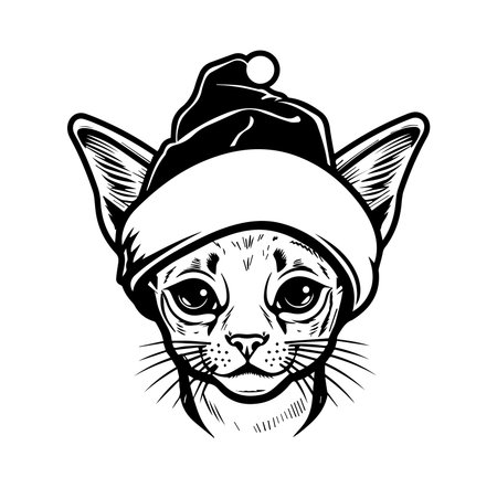 This charming illustration features a cute cat wearing a Santa hat, perfect for holiday designs. Ideal for festive themes, pet lovers, and creative seasonal projects.のイラスト素材