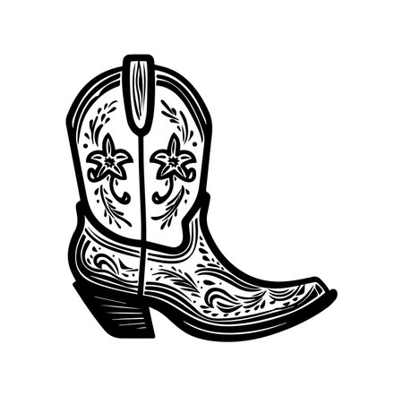 This striking illustration features a classic cowboy boot, showcasing intricate designs and a vintage appeal, perfect for western-themed projects.のイラスト素材