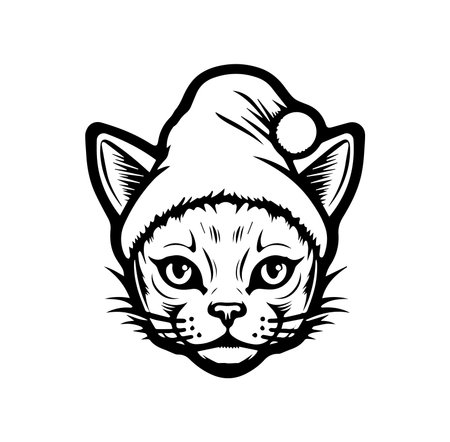 Vintage line art of a cat wearing a festive Santa hat. Perfect for holiday-themed designs, this illustration adds charm and personality to any project.のイラスト素材