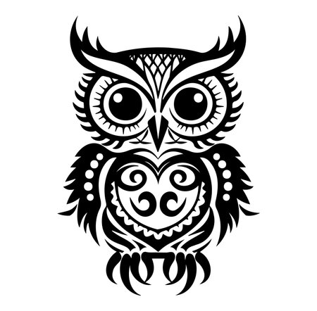 This artistic black and white owl design features intricate patterns and symbolism. It is perfect for various creative projects, including print and decor.のイラスト素材