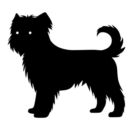 This silhouette illustration features a cute small dog with fluffy fur and a playful tail, perfect for pet-themed projects or designs.のイラスト素材