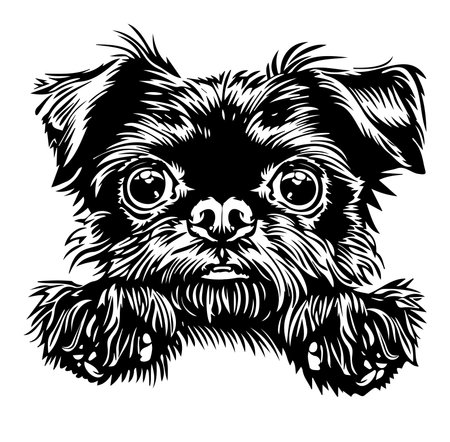 This artistic black and white illustration captures the expressive face of a dog with charming details and a playful look, ideal for pet lovers and home decor.のイラスト素材