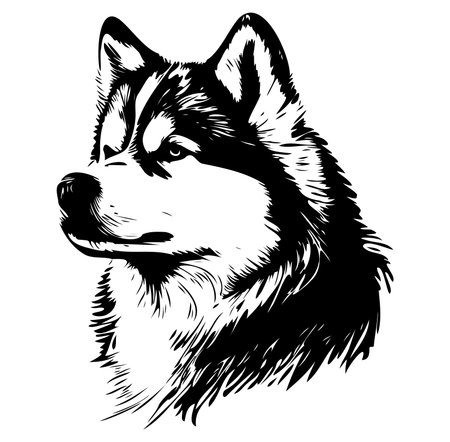 This detailed black and white illustration showcases the majestic features of a Siberian Husky. Its expressive eyes and magnificent fur capture the spirit of this loyal and beautiful breed.のイラスト素材