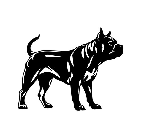 This striking black dog silhouette showcases a robust standing pose. Ideal for various creative projects, illustrations, and modern designs.のイラスト素材