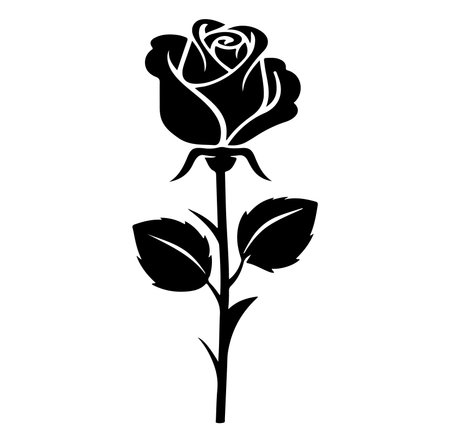 A stunning black silhouette of a rose with intricate details in its petals and leaves, perfect for artistic projects, romantic themes, or floral designs.のイラスト素材
