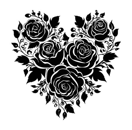 This elegant black rose heart shape design offers a unique floral motif, perfect for romantic themes, creative projects, and stylish decorations. Ideal for various applications.のイラスト素材