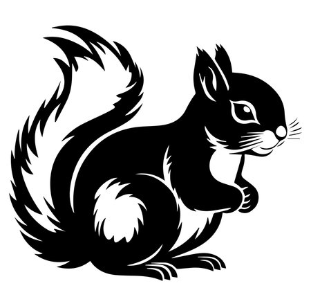 A captivating black silhouette of a playful squirrel, showcasing its bushy tail and twitching whiskers, perfect for nature and wildlife themes.のイラスト素材