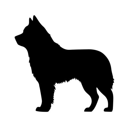 A striking silhouette of a dog in profile showcasing fluffy tail and ears. Ideal for various projects related to pets, animals, and graphic design.のイラスト素材